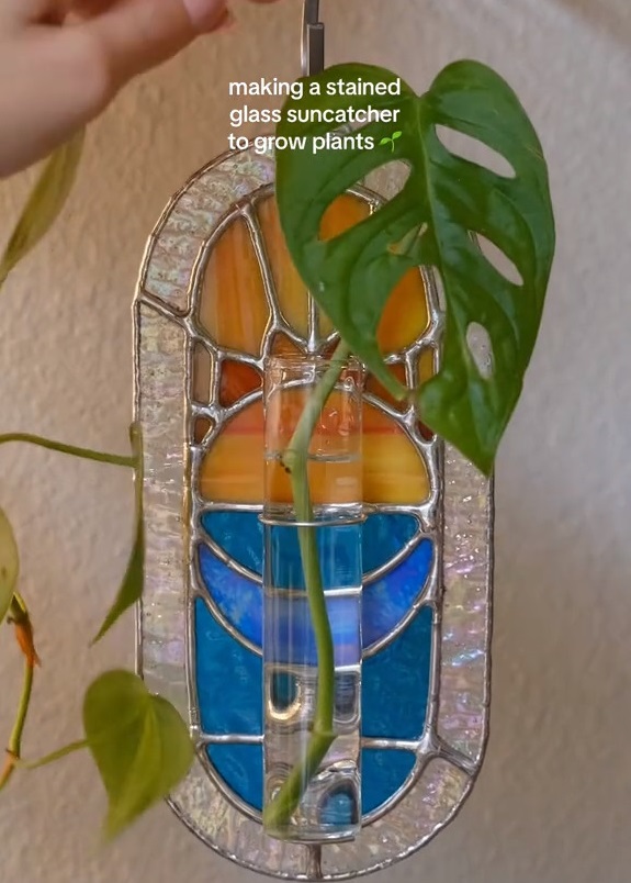Verdant Radiance: Handcrafted Stained Glass Suncatcher and Plant Grower