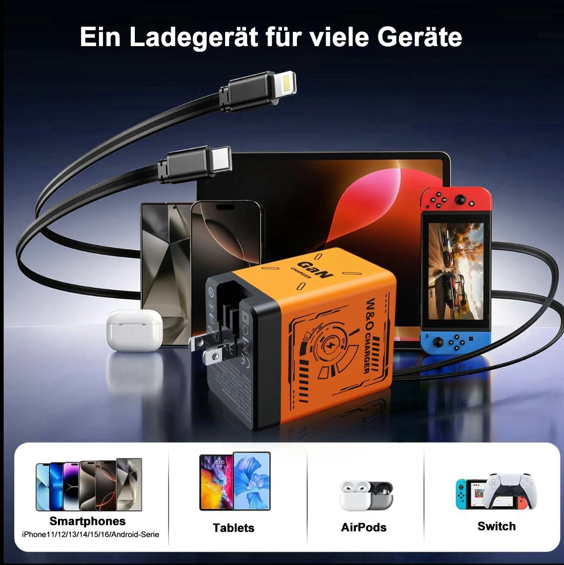 🎁Heißer Verkauf🔥W&O 2-in-1 GaN kompatibel mit 120W Schnellladegerät