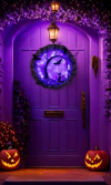 🦇 Black Bat Cat Spooky Party Wreath with Purple Glowing Lights