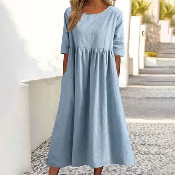 🔥(Last Day Promotion - 50% OFF) Women's Casual Basic Outdoor Crew Neck Pocket Smocked Cotton Dress, BUY 2 FREE SHIPPING