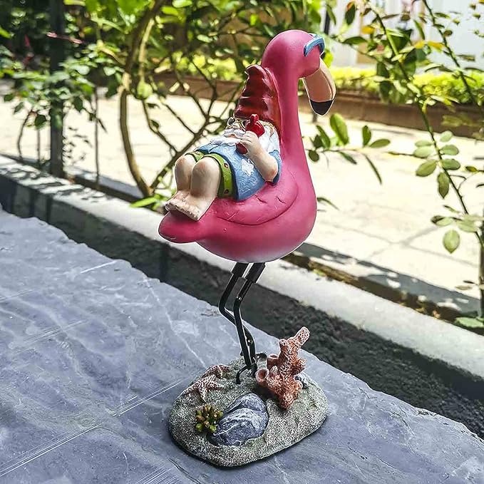 Gnome Garden Statue，Funny Gnome Reclining on Flamingo Figurines