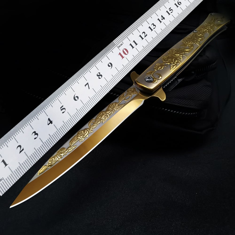 Gold Rose Engraved Fantasy Stiletto Knife(𝐊𝐞𝐯𝐢𝐧 𝐂𝐚𝐬𝐞𝐲 𝐇𝐚𝐧𝐝𝐦𝐚𝐝𝐞®)