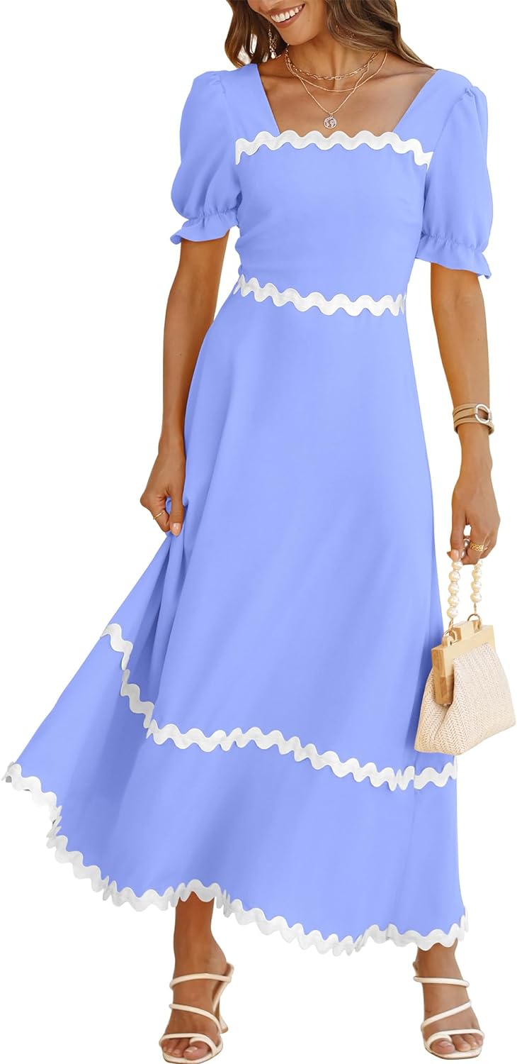 BTFBM Women's 2024 Summer Square Neck Short Puff Sleeve Dress Casual RIC Rac Tie Back Smocked A Line Flowy Maxi Dresses