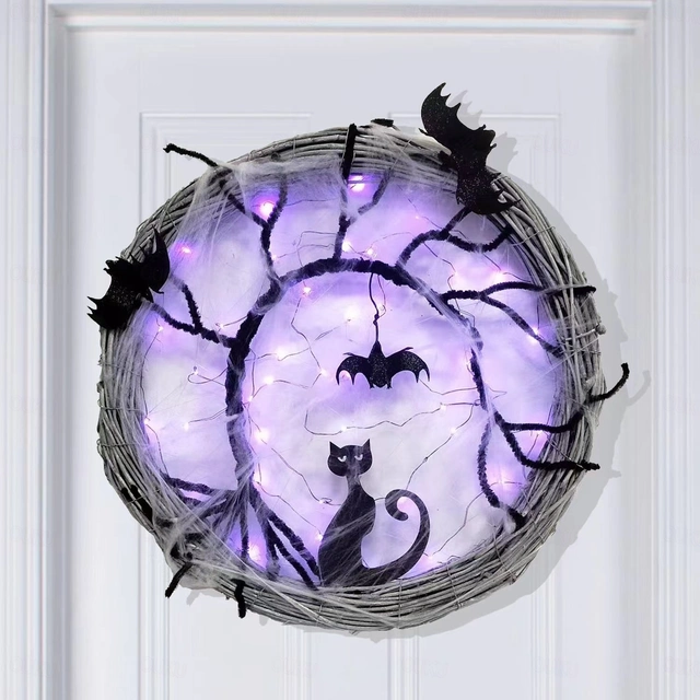 🦇Enchanted Night Bat & Cat Halloween Wreath with Purple LED Lights