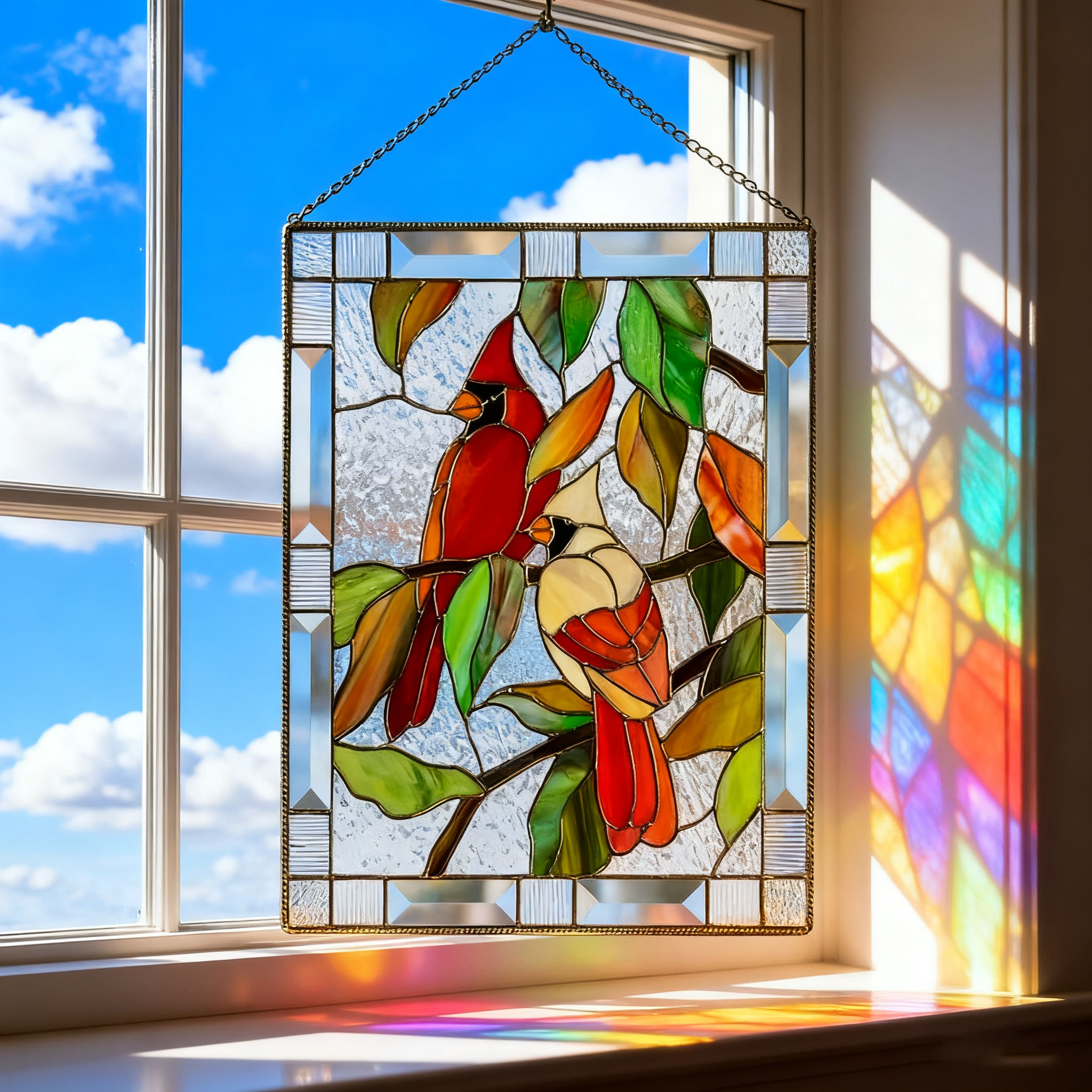 🎉🎨 Handcrafted Stained Glass Cardinal Window Panel – Vibrant Sun Catcher 🦜