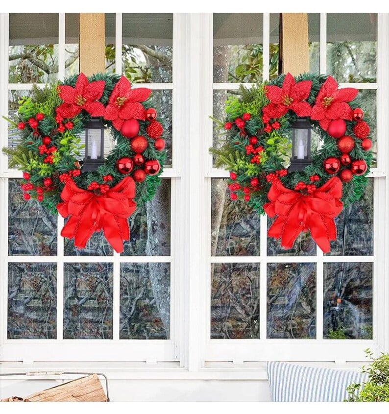🍁Fall Harvest Sale: 60% OFF! Christmas Door Wreath with Red Flower, Bow & Candle
