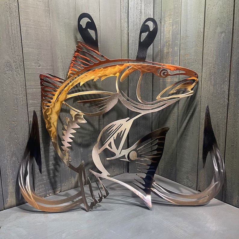 🔥Metal Bass Fish with Hooks Plasma Cut Sign Art