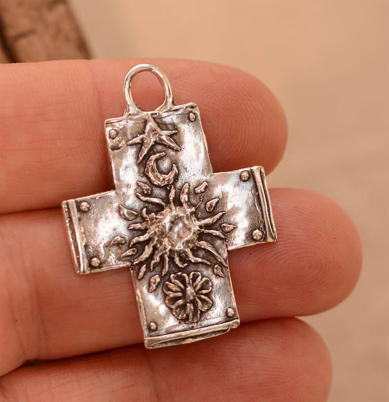 ✝️100% Handmade Silver Cross With Sun, Moon, Star and Flower (Chad Smith Handmade®)