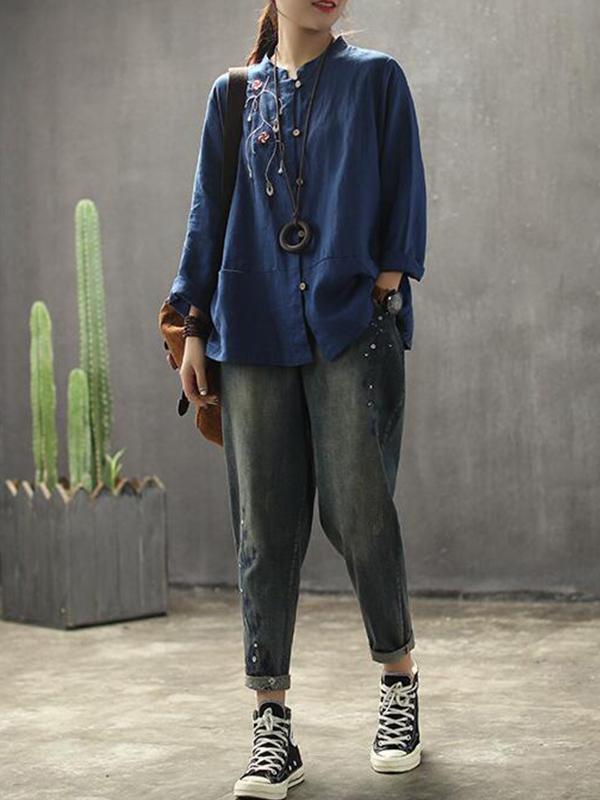 Trisha Stand Neck Linen Cotton Embroidery Shirt