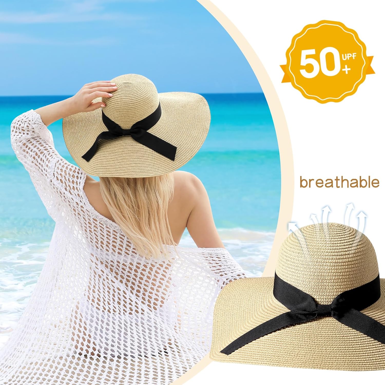 Beach Hat for Women, Wide Brim Sun Straw Hat for Women, Sun Hat Womens UPF 50+ UV Protection, Floppy Foldable Summer Hat