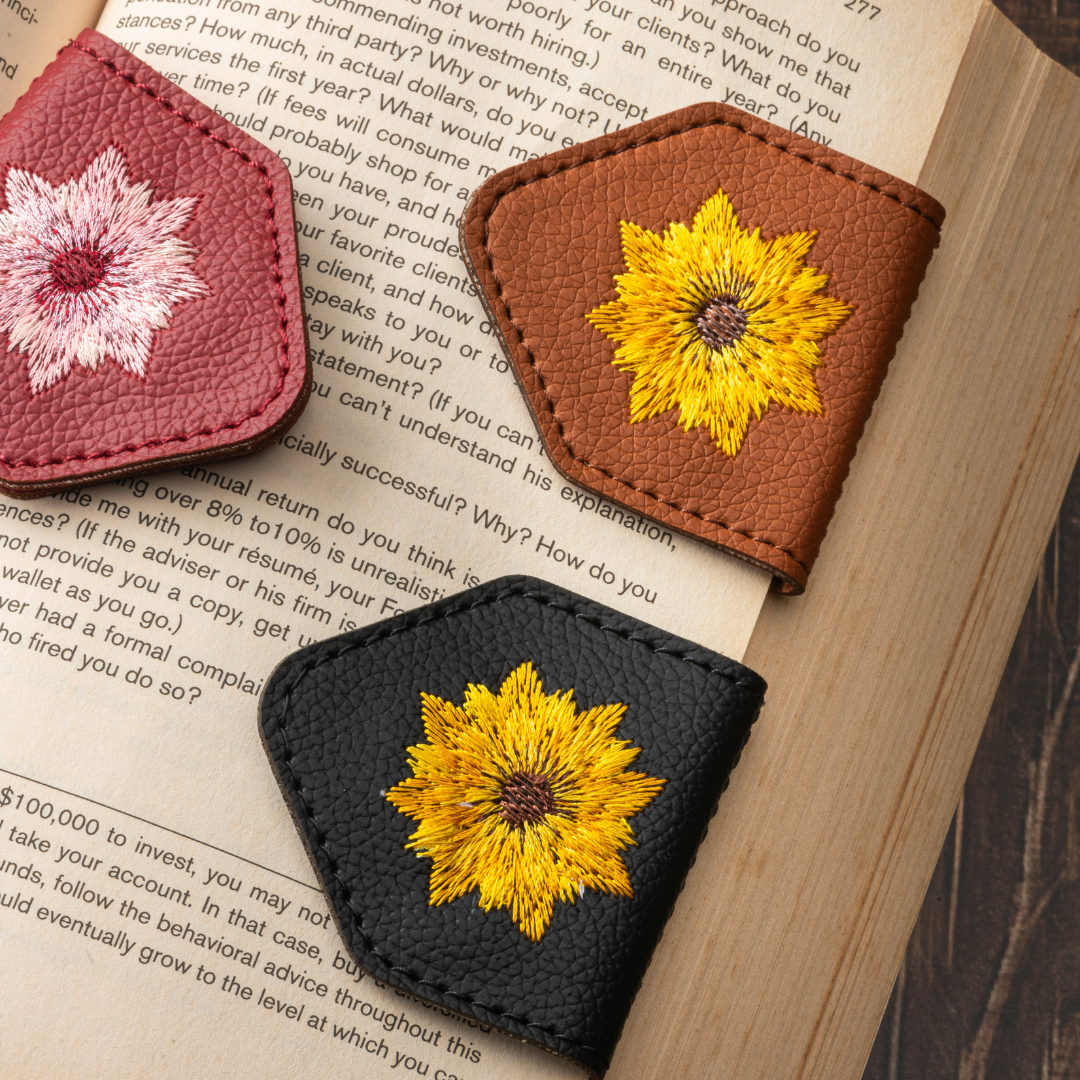 𝐈𝐃𝐎𝐋𝐈𝐙𝐄𝐈𝐍𝐋𝐀𝐘® Sunflower Embroidery Magnetic Leather Bookmark | Handcraft Gift