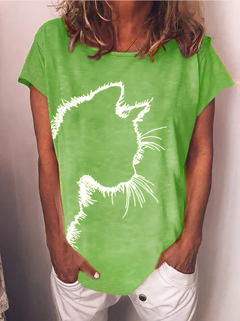 Cat-head print casual, round-necked, short-sleeved t-shirts