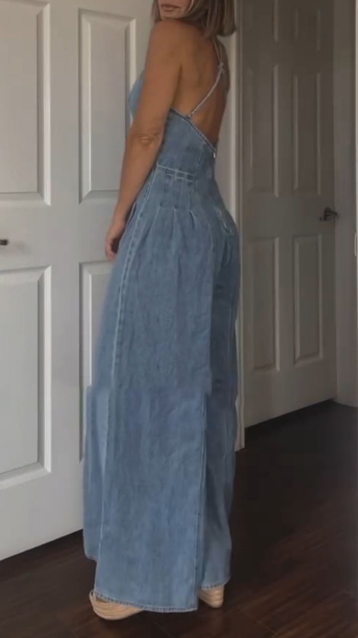 Women's V-neck Suspender Zipper Casual Denim Jumpsuit