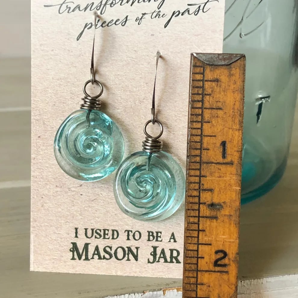🌊Recycled Glass Spiral Earrings: Upcycled Mason Jar Dangles