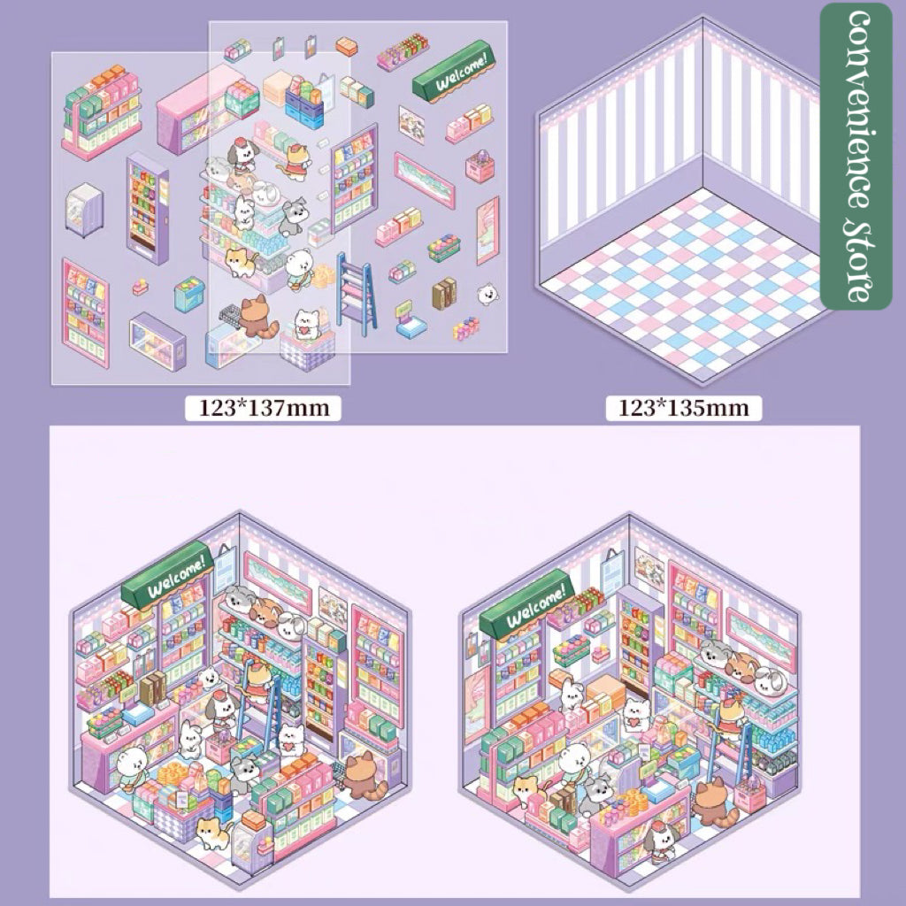 3D Puppy Restaurant Bakery Shop Convenience Store Sticker Scenes