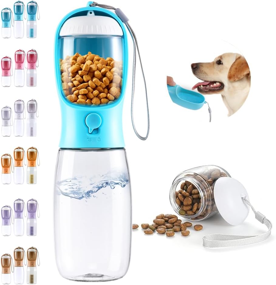 Dog Water Bottle 2 in 1, Leak Proof Portable Pet Water Bottle with Food Container, Outdoor Portable Water Dispenser for Cat, Puppy for Walking, Hiking, Camping, Travel(10oz Blue)