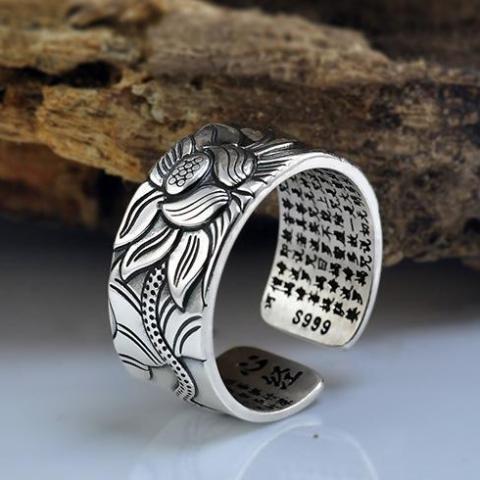 Engraved Sutra Buddhist Mantra Lotus Silver Ring- buy 2 free shipping