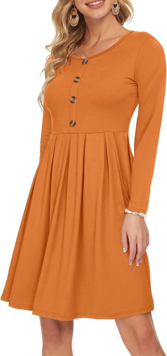 AUSELILY Women's Long Sleeve Pleated Loose Swing Casual Dress with Pockets Knee Length