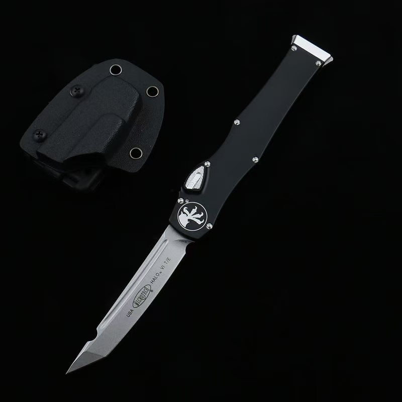OTF micro-tech black handle Halo 6 lever straight jump knife