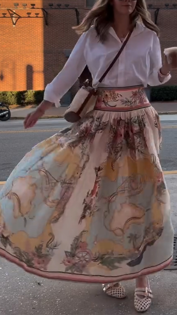Women's Lapel White Shirt + Printed Skirt Casual Suit