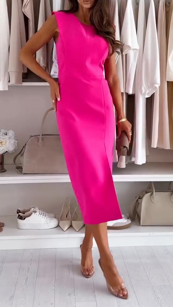 Women's Round Neck Solid Color Slit Style Dress