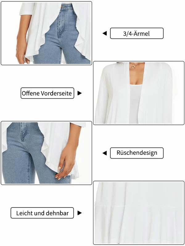 🔥HEUTE 49 % RABATT - Damen-Cardigan, vorne offen, 3/4-Ärmel, leichter Cardigan, drapierte Rüschen-Cardigan