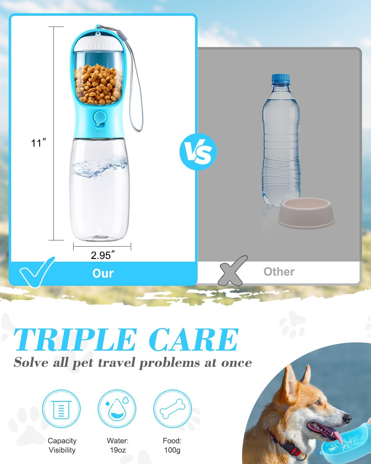 Dog Water Bottle 2 in 1, Leak Proof Portable Pet Water Bottle with Food Container, Outdoor Portable Water Dispenser for Cat, Puppy for Walking, Hiking, Camping, Travel(10oz Blue)