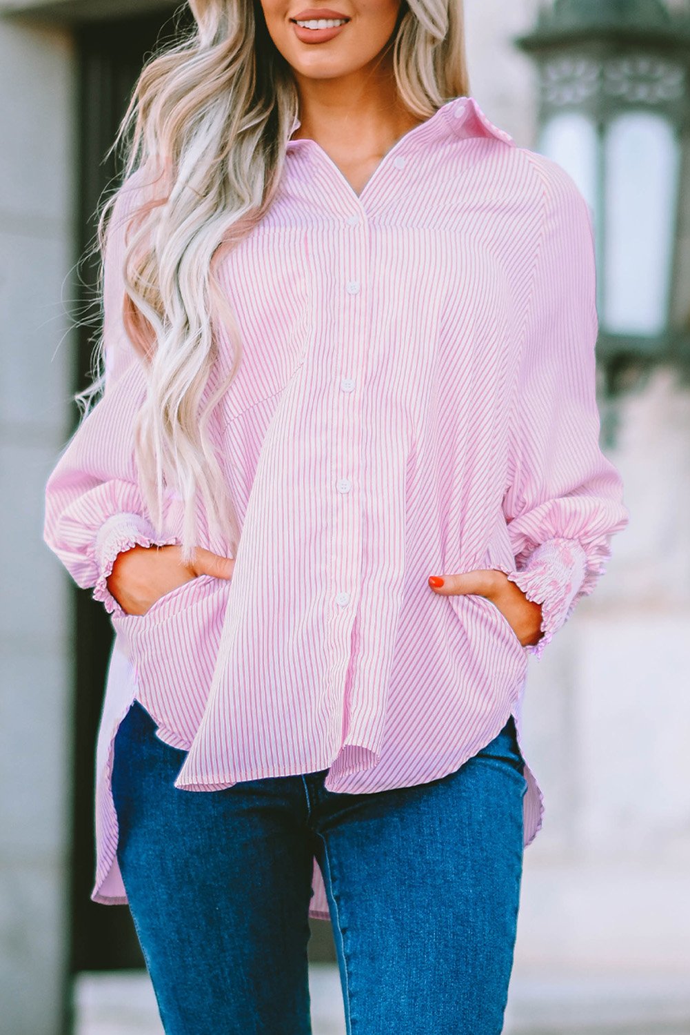 💥LAST DAY SALE 50% OFF💥Mid-Length Smocked Shirt With Striped Lapel And Oversized Drawdown Sleeves