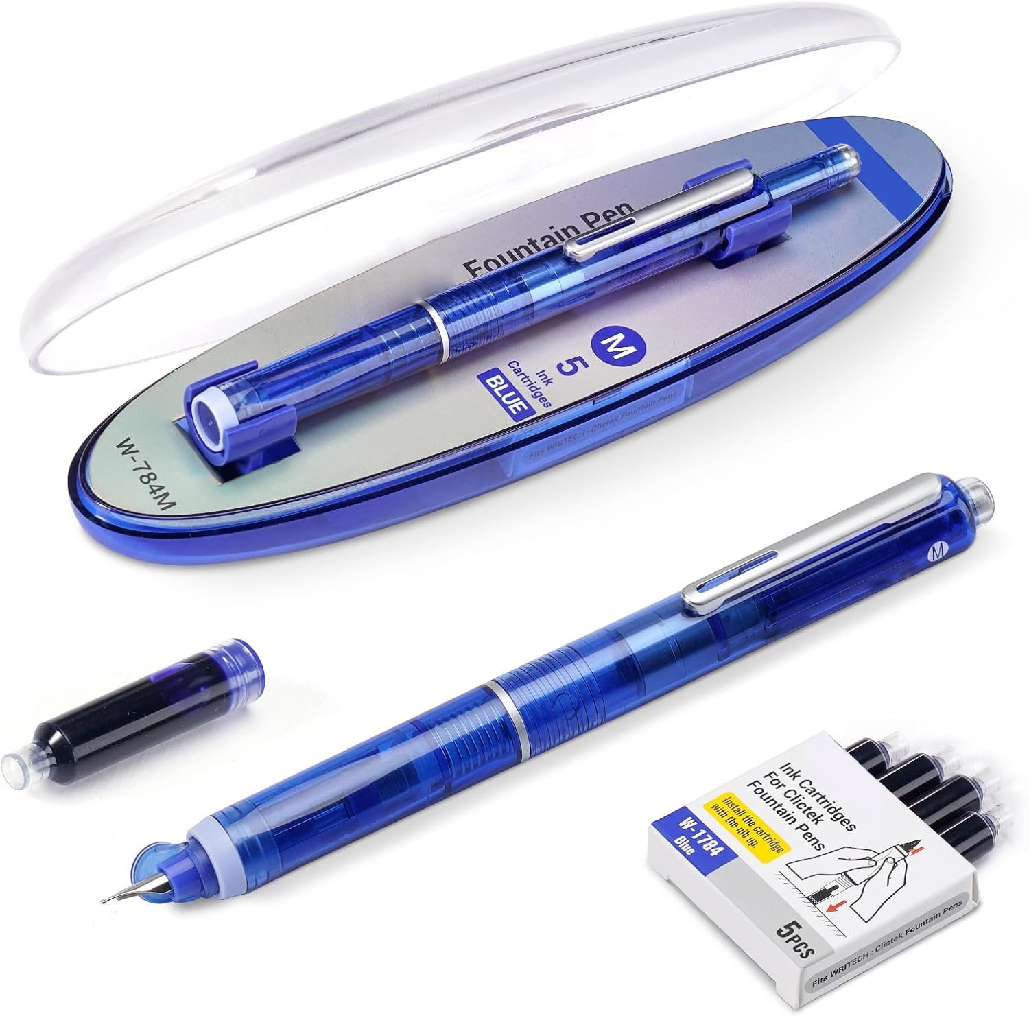 🎁TikTok Last Day Sale - 70% OFF🔥Fountain Pen Retractable:0.38mm Blue&Black Ink Transparent Barrel Includes 5 Refillable Ink Cartridges