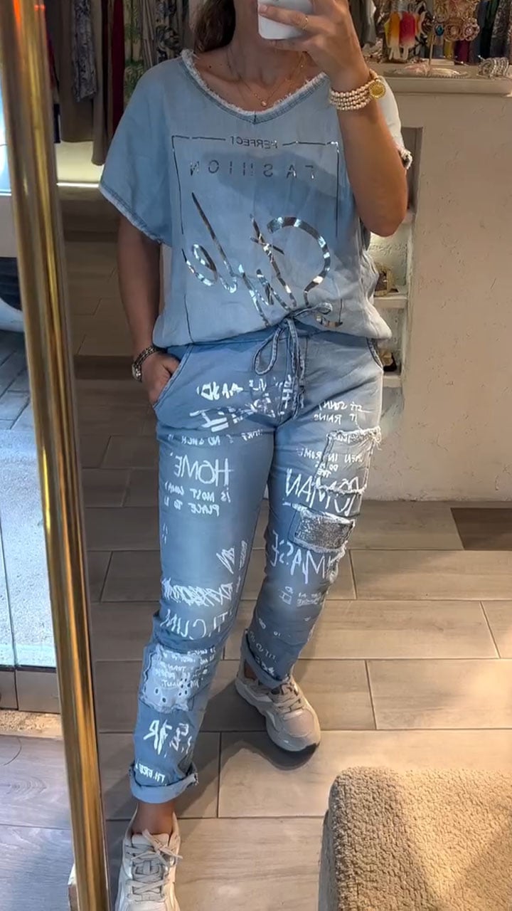 Women's V-neck Hot Stamping Tencel Denim Casual Suit