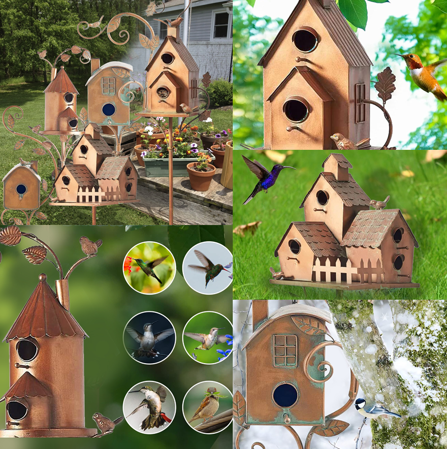 Handmade Metal Birdhouse Garden Stakes