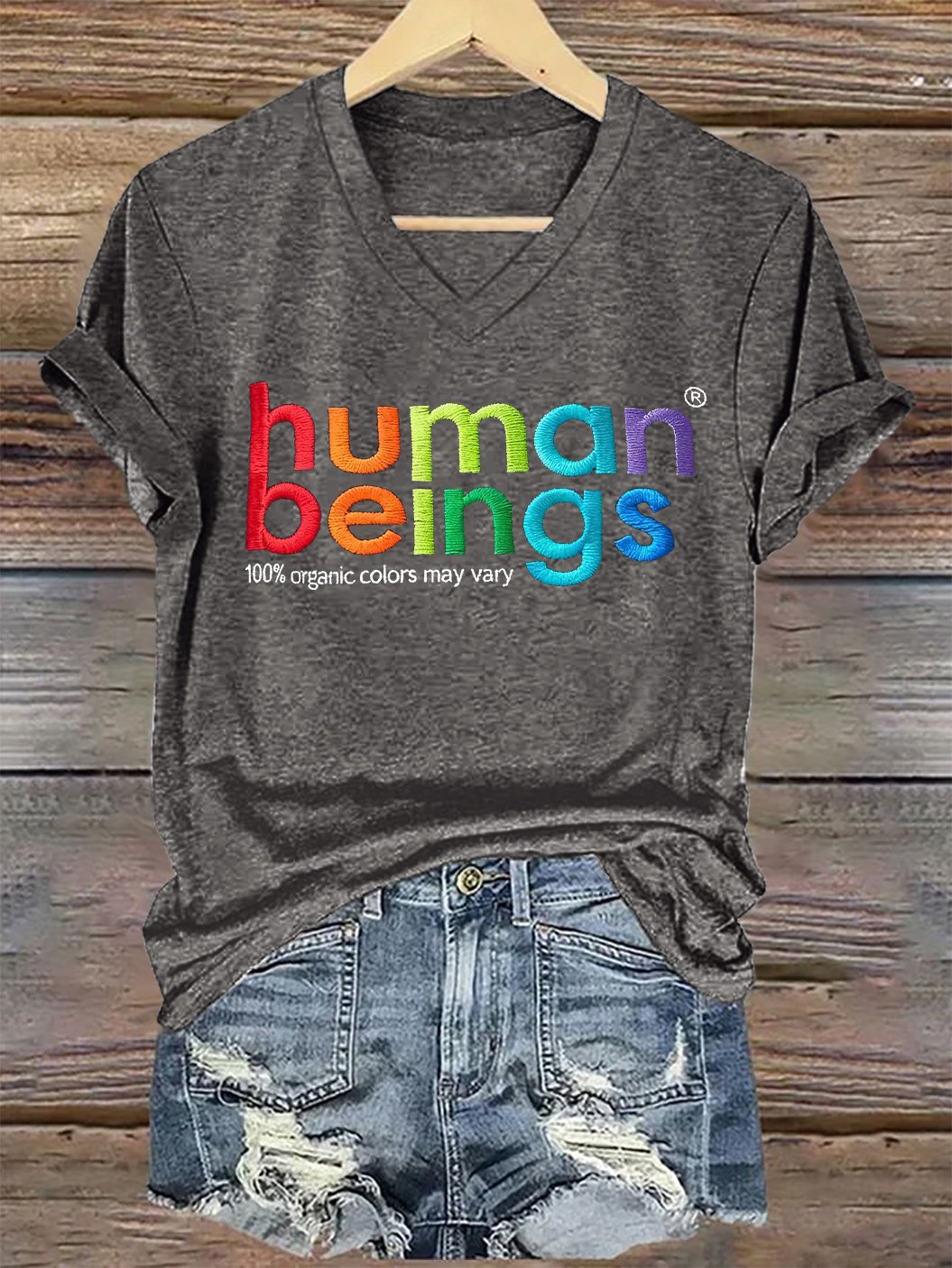 V-Neck Retro Human Beings 100% Organic Colors May Vary Human Rights Equality Pride Print T-Shirt