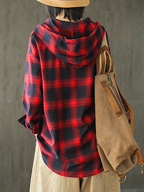 Letha Hooded Vintage Contrasting Plaid Print Single-breasted Baggy Cotton Shirt