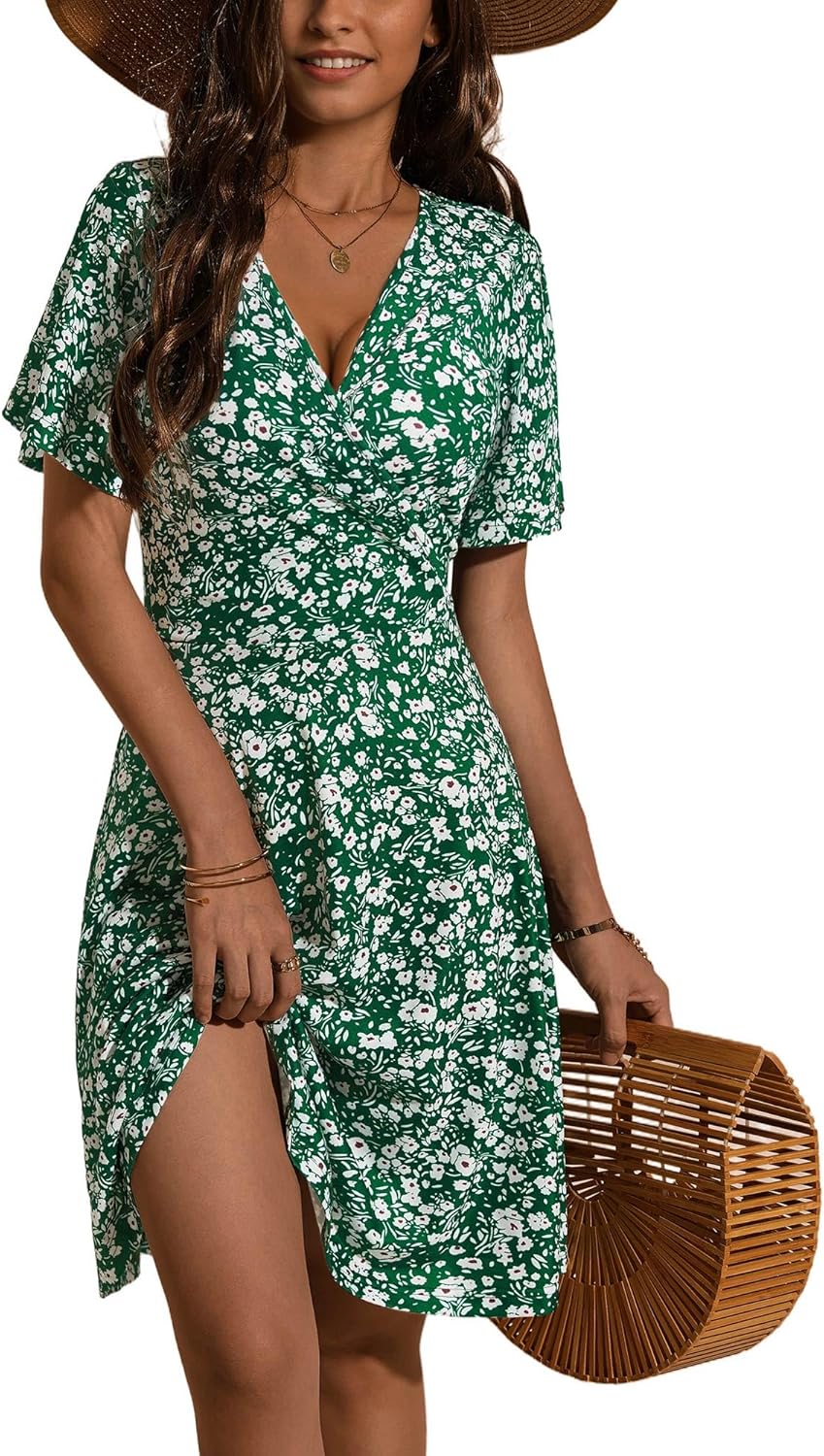 FENSACE Womens Sundress Summer Floral Short Sleeve Wrap V Neck A-Line Midi Dress