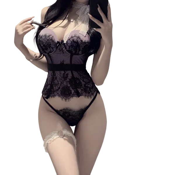 Violet Lace Lingerie Set - Padded Underwire Top & G-String for Feminine Curves PPF0356