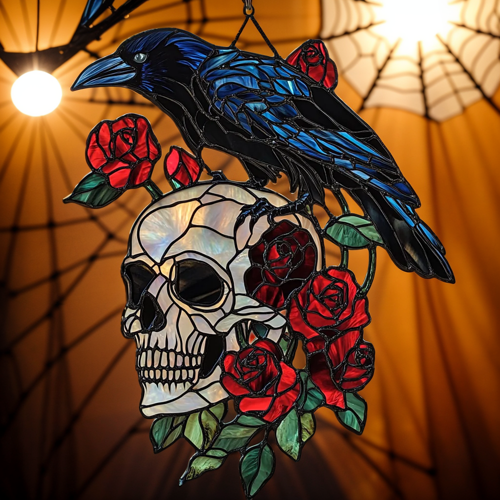 💀Handcrafted Glowing Raven Skull Window Hanging Suncatcher