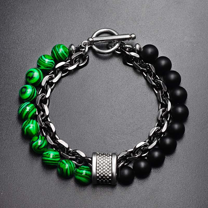Natural Stone Malachite Frosted Beads Metal Bracelet