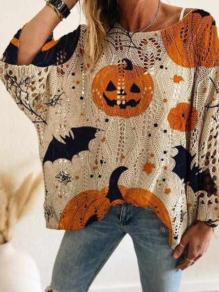 🔥Last Day Promotion 70% OFF🎃Women's Halloween Pumpkin Print Long Sleeve Knit Top⚡️Buy 2 Free Shipping