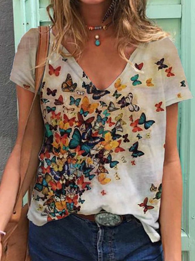 2021 hot style butterfly print V-neck T-shirt with short sleeves