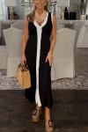 Women's Casual Simple V-neck Sleeveless Black and White Contrast Dress