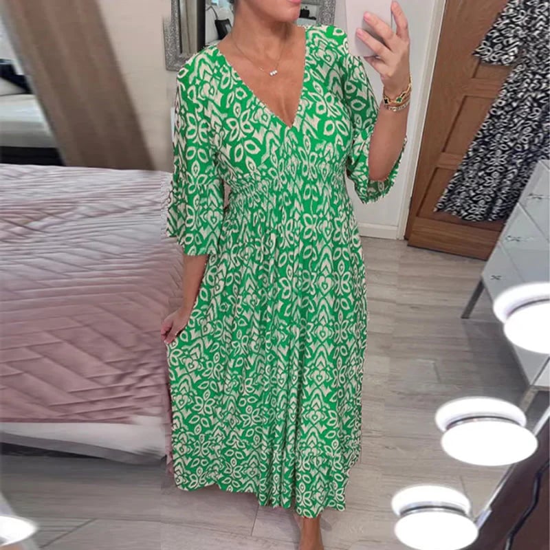 🔥Letzter Tag 49% Rabatt👗Bedrucktes Kleid mit V-Ausschnitt und weiten Ärmeln
