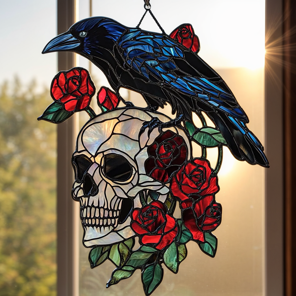 💀Handcrafted Glowing Raven Skull Window Hanging Suncatcher