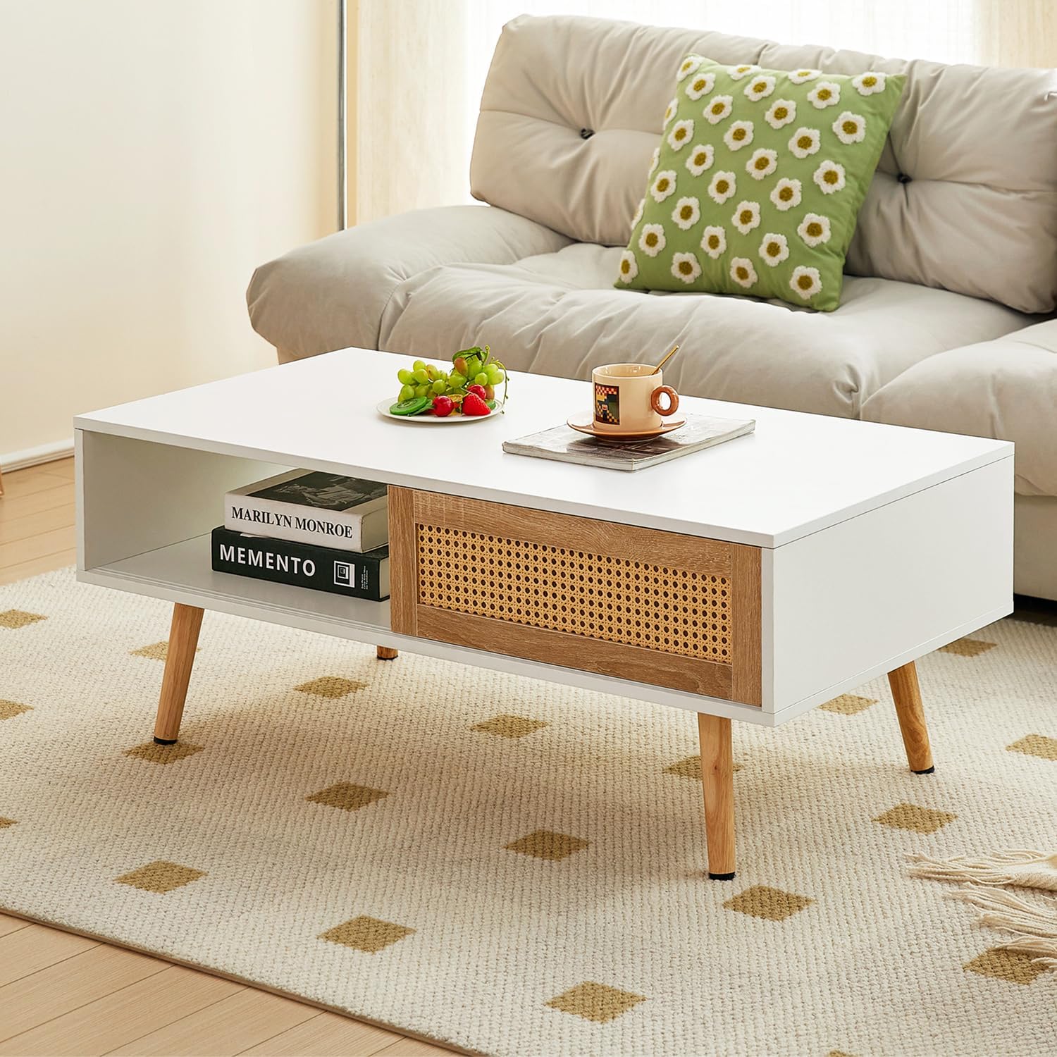 Mid Century Modern Coffee Table with Storage, 41.3 Inch Rectangle Wooden Accent Center Tables with Sliding PE Rattan Woven Door Panel and Solid Wood Legs, Suitable for Living Room, Apartment