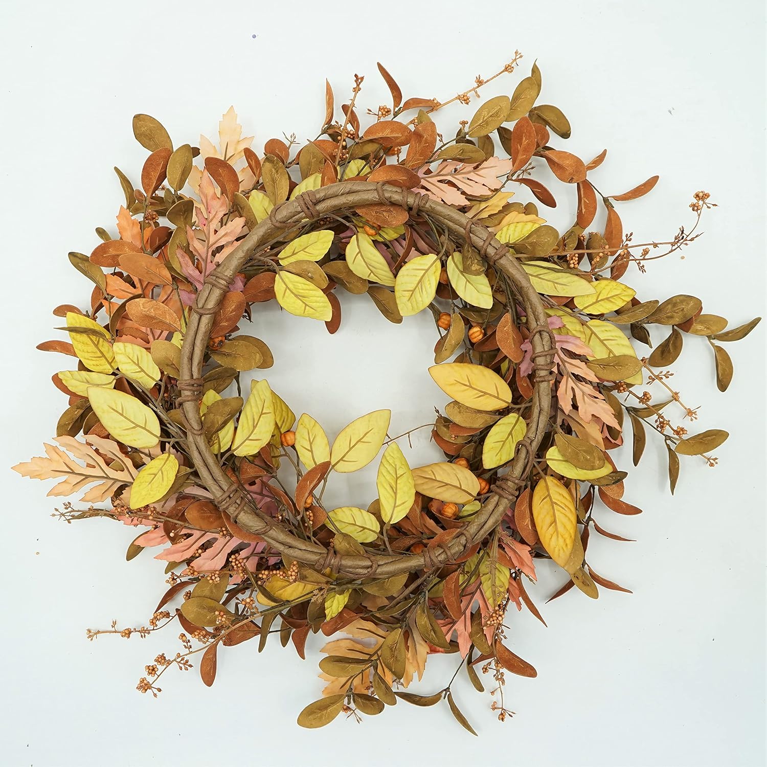 🍁🎁 Front Door Autumn Wreath Handmade Artificial Wreath with Bright Oak Leaves, Small Pumpkins, Berry Branches, 🎄 Mixed Leaves for Farmhouse Indoor and Outdoor Window Wall Door Decoration