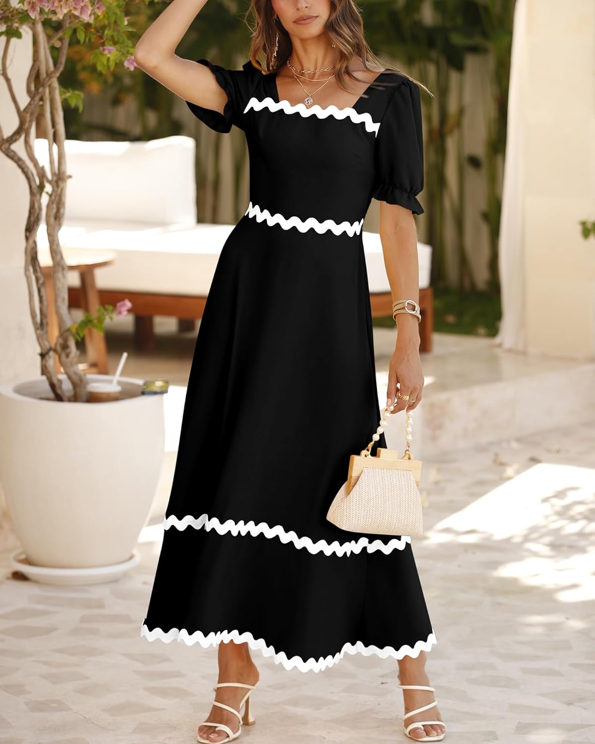 BTFBM Women's 2024 Summer Square Neck Short Puff Sleeve Dress Casual RIC Rac Tie Back Smocked A Line Flowy Maxi Dresses