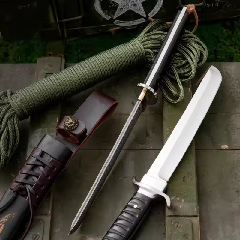 🗡️ Japanese Fixed Blade Knife – Hand-Forged Outdoor Knife with Phoenix Carved Sheath
