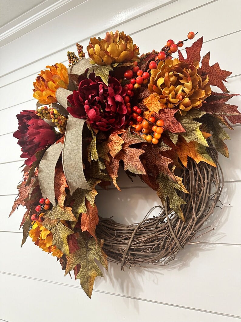🍁Fall Harvest Sale: 60% OFF! Fall Maple Leaves Wreath, Small Autumn Front door wreath, wreath with berries and peonies, Thanksgiving Harvest Grapevine