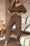 Women's V-neck Buttoned Cotton and Linen Casual Jumpsuit