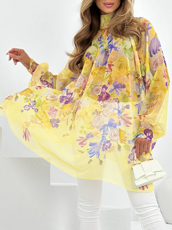 Women's Stand Collar Chiffon Printed Casual Top