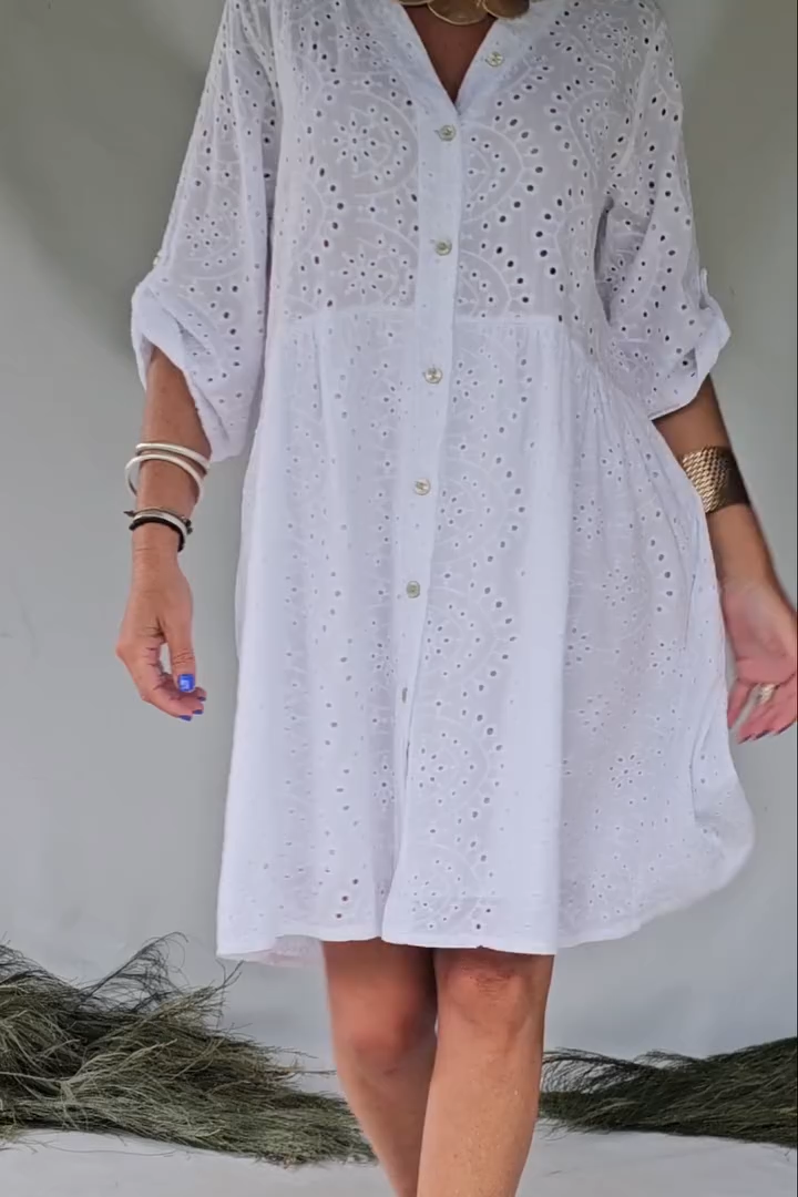 Women's Casual Solid Color V-Neck Lace Hollow Dress